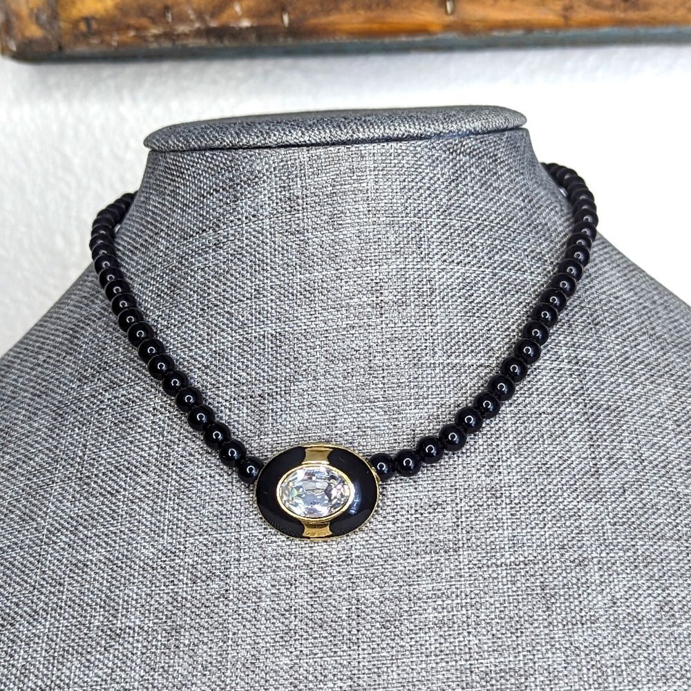 Trifari Black Beaded Necklace with Gold and Clear Centerpiece
